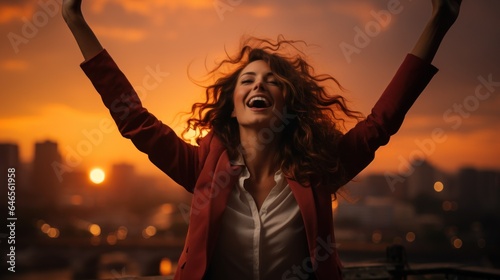 Rejoicing woman raising her hands at sunset in the city.