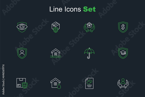 Set line Life insurance, Marriage contract, House flood, Delivery security with shield, Graduation cap, Umbrella, and icon. Vector
