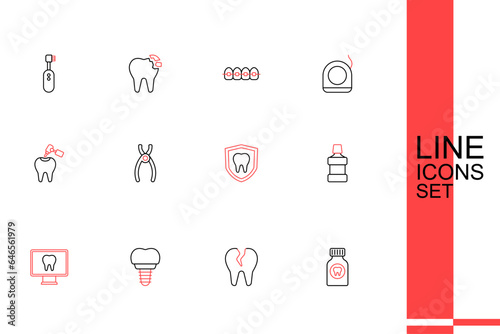 Set line Toothache painkiller tablet, Broken tooth, Dental implant, Online dental care, Mouthwash, protection, pliers and with caries and drill icon. Vector