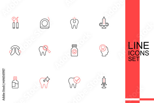 Set line Syringe, Tooth, whitening, Mouthwash, Toothache, painkiller tablet, Broken tooth and Dental plate icon. Vector