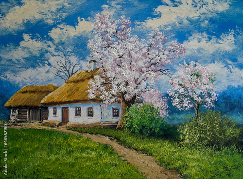 Oil paintings landscape. Old village, spring. Fine art.