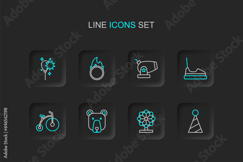 Set line Party hat, Ferris wheel, Bear head, Vintage bicycle, Bumper car, Cannon, Circus fire hoop and Balloons with ribbon icon. Vector © Iryna