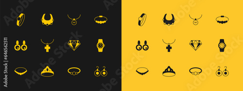 Set Bracelet jewelry, King crown, Diamond, Christian cross chain, Locket necklace, engagement ring and Necklace icon. Vector