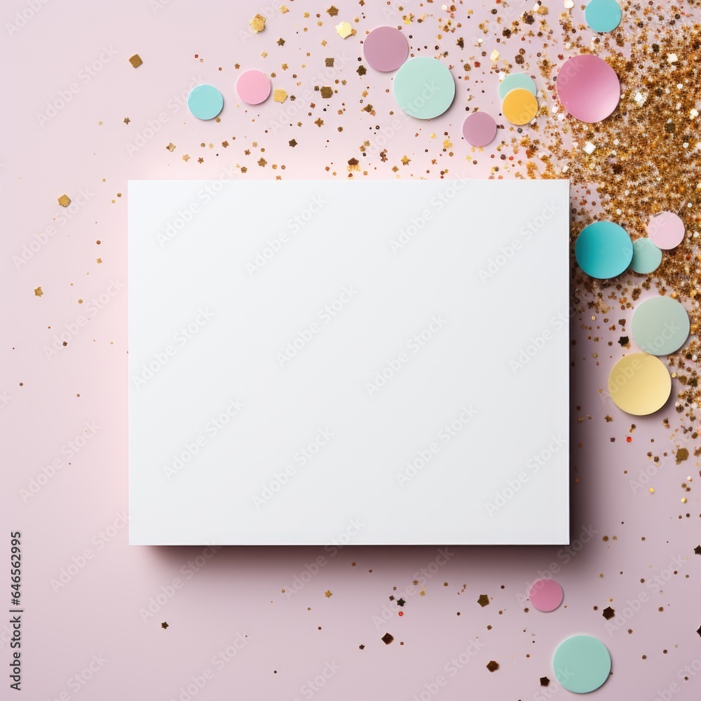 White greeting card over scattered colorful sequins and confetti on isolated light pink background with blank space. Mockup template. Flat lay, top view with place for text White greeting card over scattered colorful sequins and confetti on isolated light pink background with blank space. Mockup template. Flat lay, top view with place for text