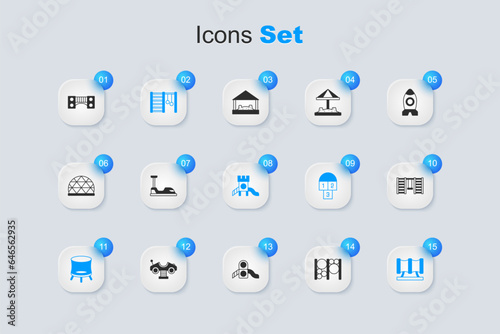 Set Playground climbing equipment, Bumper car, Swedish wall, Jumping trampoline, Kid playground slide pipe, kids bridge and Slide icon. Vector