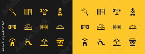 Set Rocket ship toy, Slide playground, Swedish wall, Sandbox with sand, Playground climbing equipment, Swing plane, Toy horse and icon. Vector