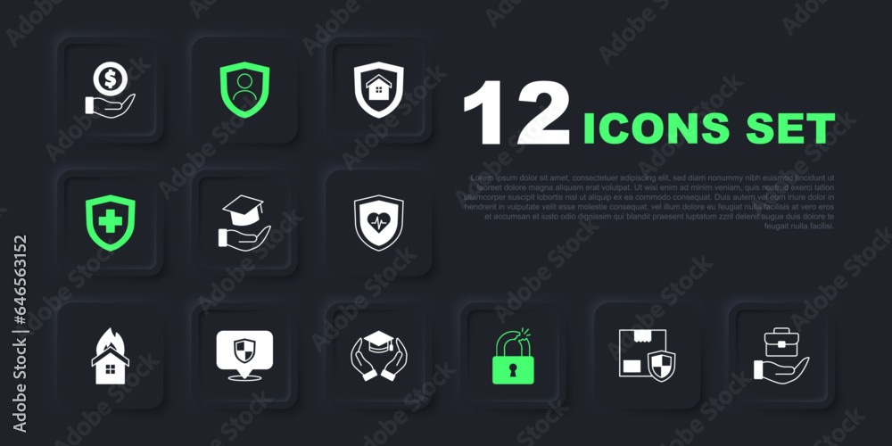 Set Delivery security with shield, Hand holding briefcase, Education grant, Broken or cracked lock, Life insurance, Location, and icon. Vector Set Delivery security with shield, Hand holding briefcase, Education grant, Broken or cracked lock, Life insurance, Location, and icon. Vector