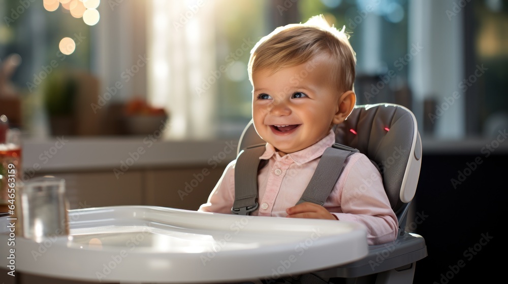A happy baby sitting in a high chair. A happy baby sitting in a high chair.