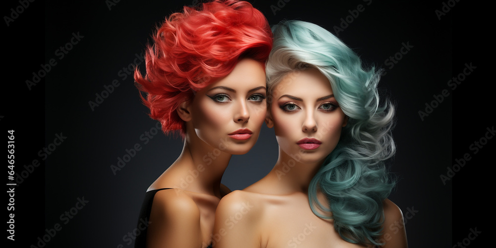 Hübsche Model Frauen mit gefärbten und gelockten Haar mit modernster Frisur und edlen Visagistik Make up als Poster Nahaufnahme, ai generativ