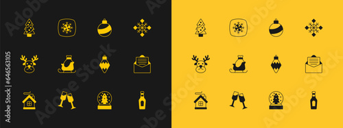 Set Snowflake, Glass of champagne, Christmas toy, snow globe, santa claus sleigh, ball, tree and icon. Vector