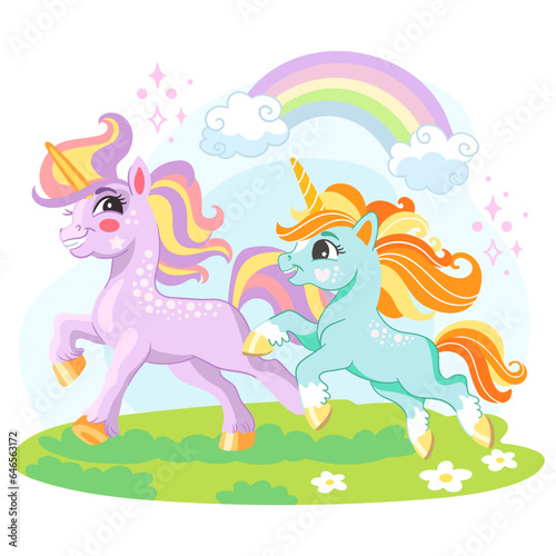 Cute cartoon character unicorns on a meadow vector