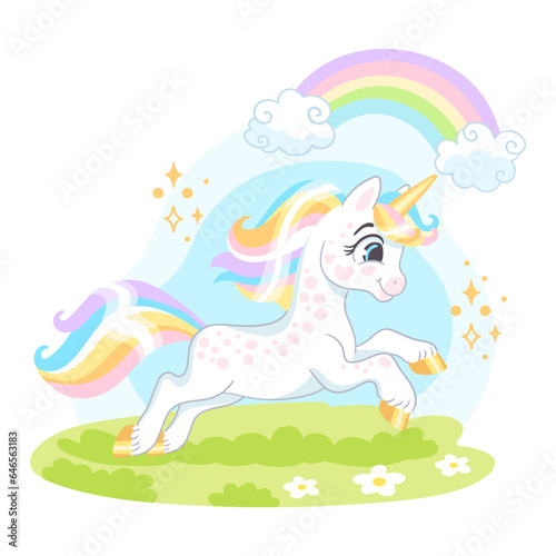 Cute cartoon character unicorn runs on a meadow vector