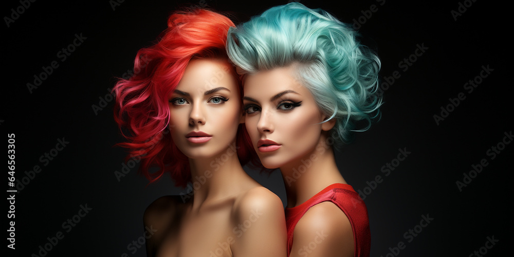Hübsche Model Frauen mit gefärbten und gelockten Haar mit modernster Frisur und edlen Visagistik Make up als Poster Nahaufnahme, ai generativ