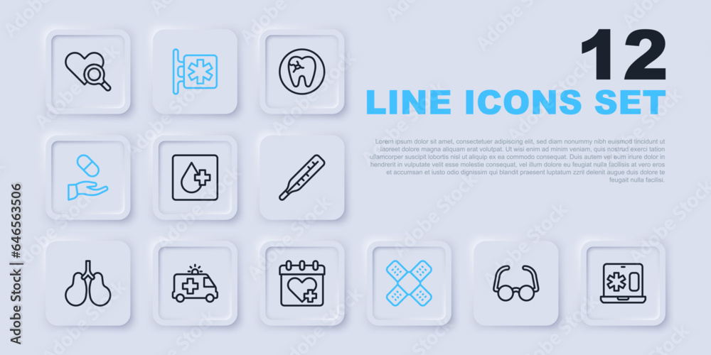 Set line Glasses, Clinical record on laptop, Blood test, Crossed bandage plaster, Medical prescription, Ambulance car, Emergency - Star of Life and Doctor appointment icon. Vector Set line Glasses, Clinical record on laptop, Blood test, Crossed bandage plaster, Medical prescription, Ambulance car, Emergency - Star of Life and Doctor appointment icon. Vector