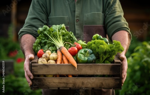 Man farmer with basket full of fresh vegetables in his hands. Agriculture and gardening concept. Bio products grown by yourself, vegetarians. Autumn harvest and healthy organic food