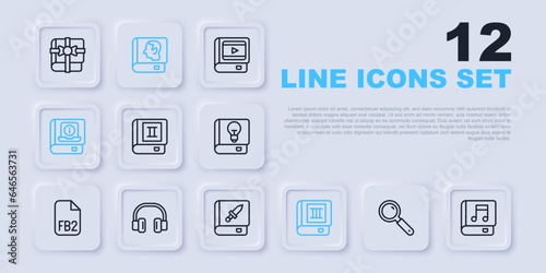 Set line Magnifying glass, Audio book, Book, User manual, Headphones, Law and about weapon icon. Vector