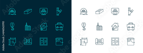 Set line Industry metallic pipe, House plan, with wrench spanner, Window in room, City landscape, Worker safety helmet, and Brick icon. Vector