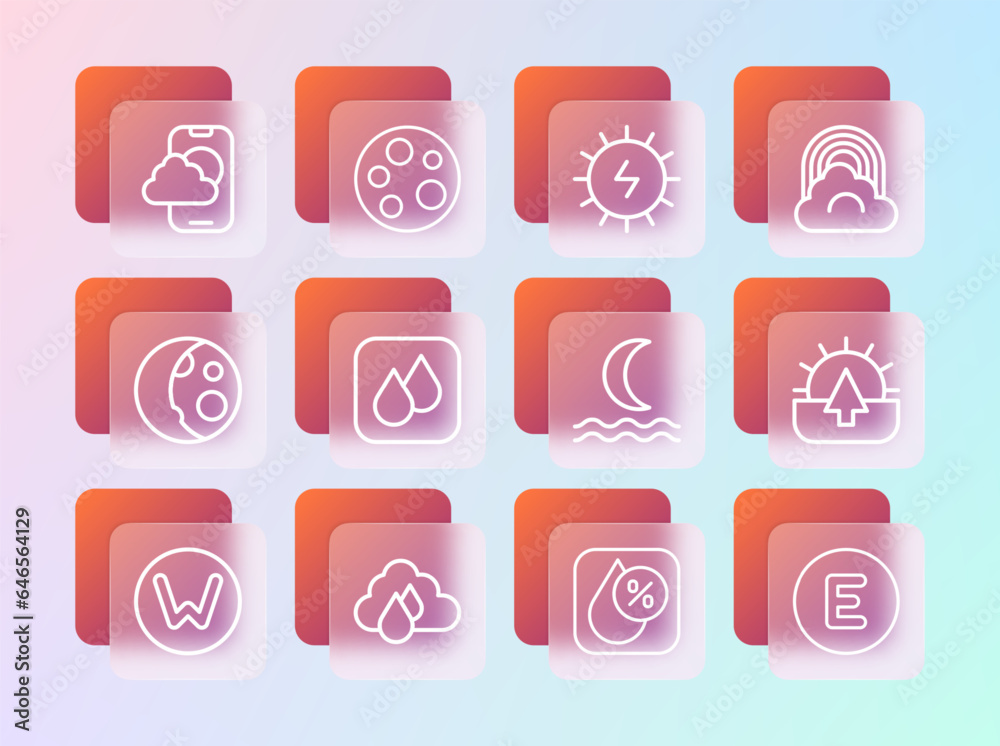 Set line Rainbow with cloud, Cloud rain, Night fog or smoke, Water drop percentage, Solar energy panel, Weather forecast app and Moon icon. Vector Set line Rainbow with cloud, Cloud rain, Night fog or smoke, Water drop percentage, Solar energy panel, Weather forecast app and Moon icon. Vector