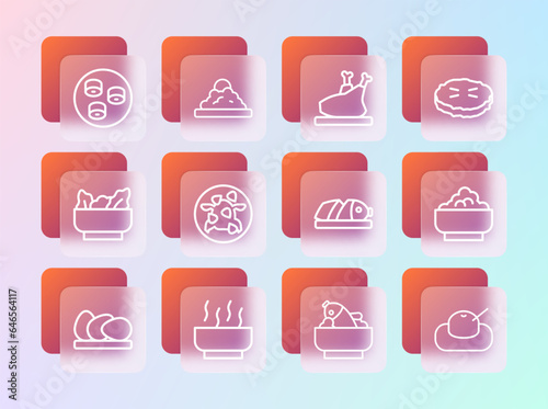 Set line Homemade pie, Ramen soup bowl, Fish with sliced pieces, Rice fish in, Kung Pao chicken, Roasted turkey or, Sushi and icon. Vector
