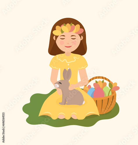 vector girl in yellow dress wearing wreath of spring flowers and pet rabbit. Basket with eggs and flowers standing behind in flat style.
