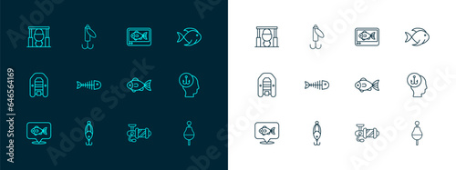 Set line Fish, Fishing lure, Spinning reel for fishing, skeleton, finder echo sounder, Campfire and pot and icon. Vector