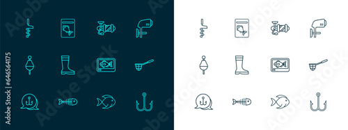 Set line Outboard boat motor, Fish skeleton, finder echo sounder, Fishing boots, Spinning reel for fishing, Hand ice drill and Served plate icon. Vector
