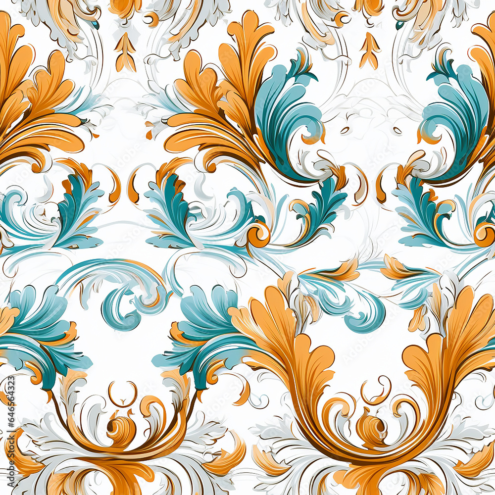 Rococo Teal & Amber Elegance: Seamless Pattern