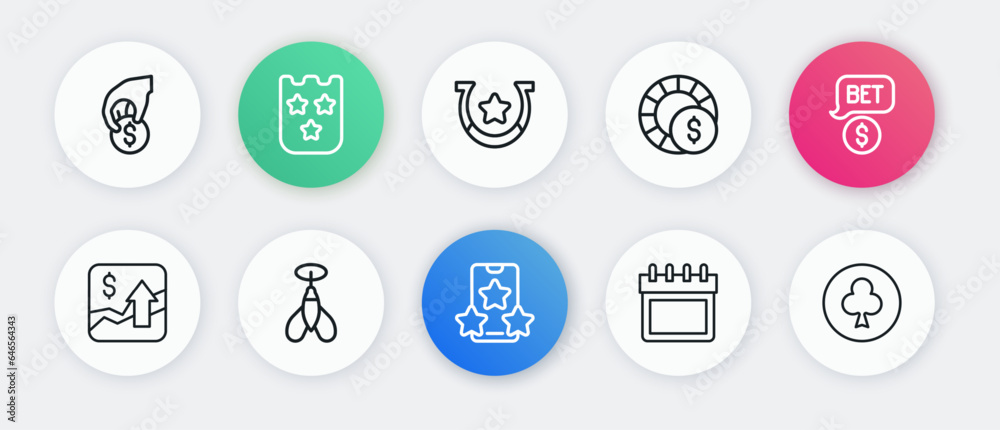 Set line Online sports betting, Casino chip with dollar, Financial growth increase, Calendar, chips, Horseshoe, Playing card clubs symbol and Dart arrow icon. Vector Set line Online sports betting, Casino chip with dollar, Financial growth increase, Calendar, chips, Horseshoe, Playing card clubs symbol and Dart arrow icon. Vector