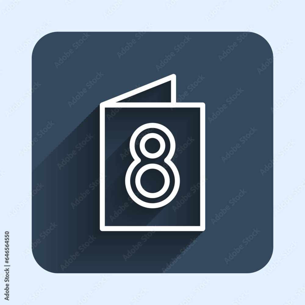 White line Greeting card with 8 March icon isolated with long shadow background. International Happy Women Day. Blue square button. Vector White line Greeting card with 8 March icon isolated with long shadow background. International Happy Women Day. Blue square button. Vector
