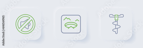 Set line Hand ice drill, Winter fishing and Speaker mute icon. Vector