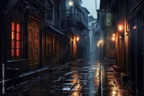 A dark alleyway at night with rain on the cobblestone street © Brian