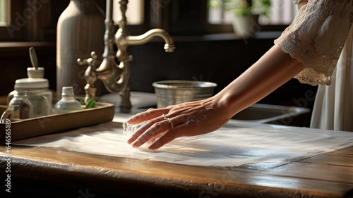 a woman's hands engaged in the cleaning process, with the tabletop gleaming after being polished. The composition signifies the importance of cleanliness in a home environment.