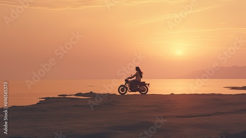 a young couple on motorbikes, riding side by side and enjoying a cruise trip. The minimalist style emphasizes the freedom and simplicity of the journey. © lililia