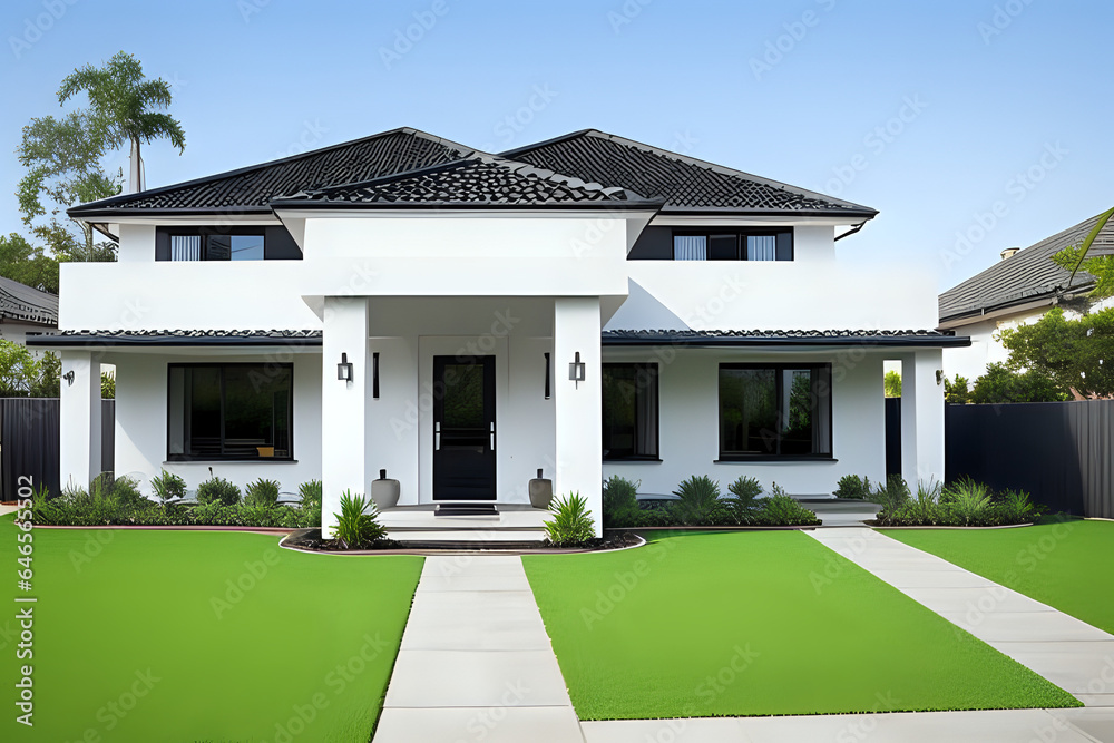 White family house with black pitched roof tiles, and beautiful front yard with green lawn. Modern house with garden White family house with black pitched roof tiles, and beautiful front yard with green lawn. Modern house with garden
