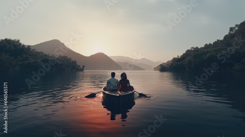 a young couple on a motorboat  gliding smoothly across calm waters. The minimalist style highlights the tranquility of the cruise trip.