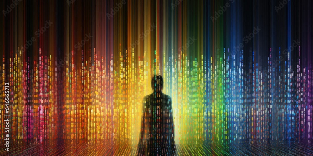 Person made of colorful data in the virtual reality metaverse created by generative AI. Digital image made to represent futuristic technologies.