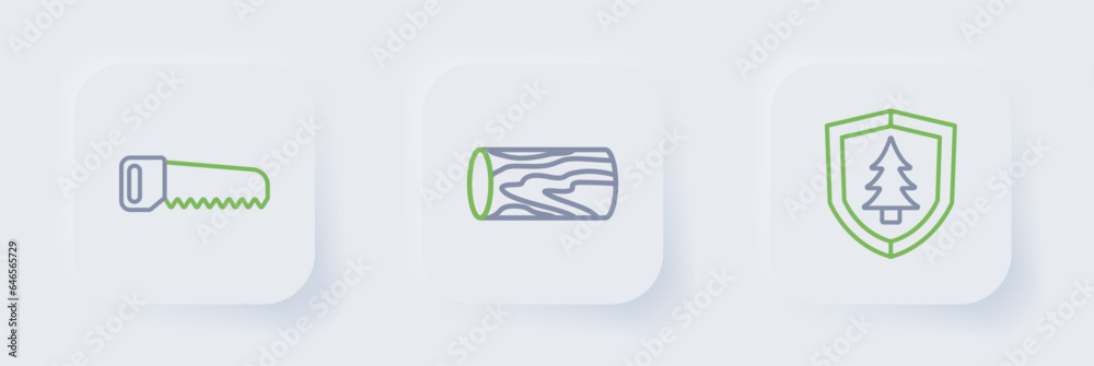 Set line Shield with tree, Wooden log and Hand saw icon. Vector Set line Shield with tree, Wooden log and Hand saw icon. Vector