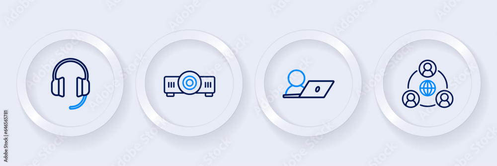 Set line Meeting, Video chat conference, Movie, film, media projector and Headphones icon. Vector Set line Meeting, Video chat conference, Movie, film, media projector and Headphones icon. Vector