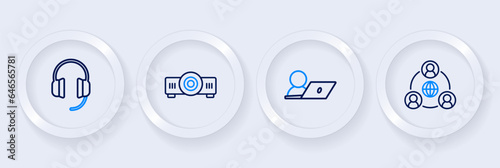 Set line Meeting, Video chat conference, Movie, film, media projector and Headphones icon. Vector