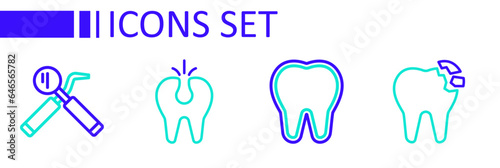 Set line Broken tooth, Tooth, and Dental mirror and probe icon. Vector