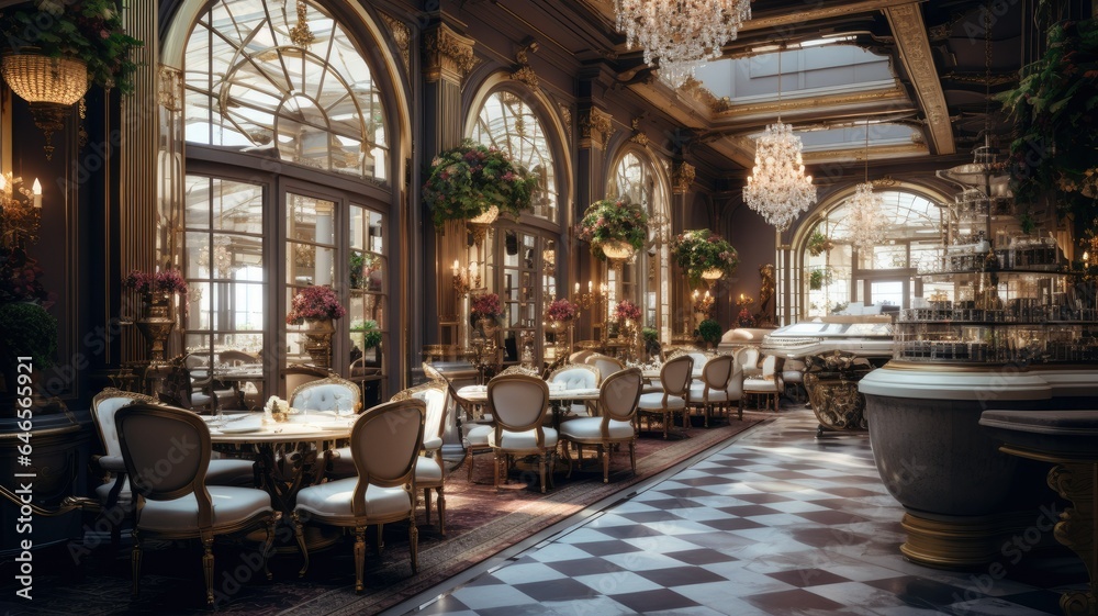 a luxury cafe, adorned with ornate decor and exquisite lighting. The composition conveys the opulent atmosphere of high-end dining.