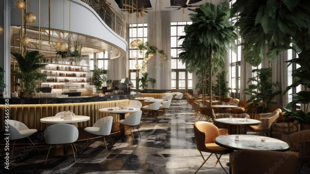 Fototapeta premium a luxury cafe, adorned with ornate decor and exquisite lighting. The composition conveys the opulent atmosphere of high-end dining.