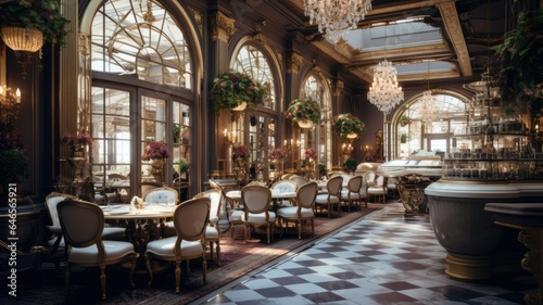 a luxury cafe  adorned with ornate decor and exquisite lighting. The composition conveys the opulent atmosphere of high-end dining.