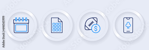 Set line Online poker table game, American football betting money, Lottery ticket and Calendar icon. Vector