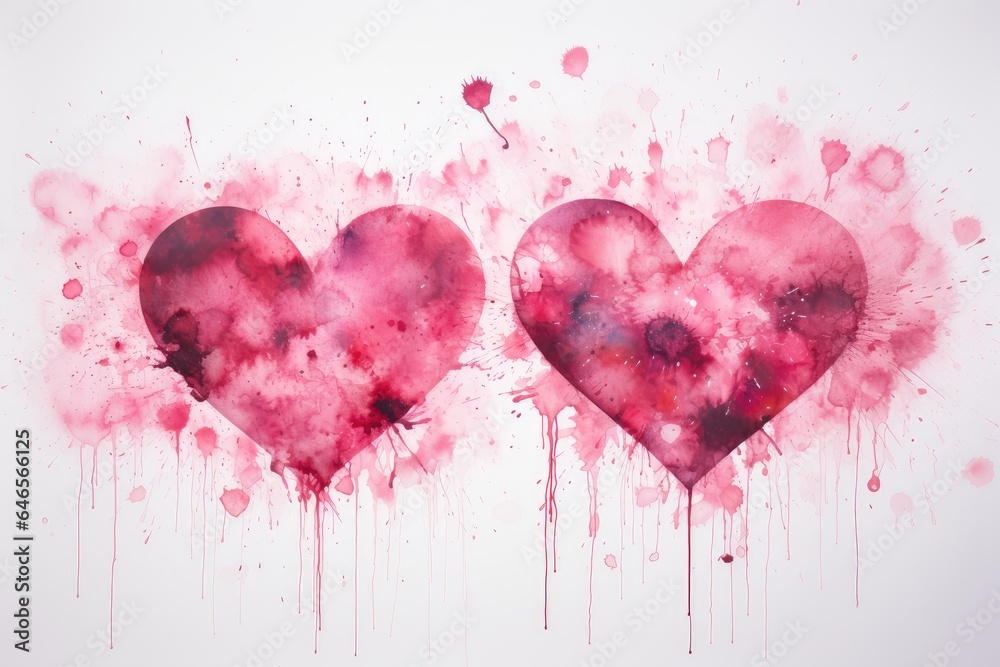 Two watercolor pink hearts on a background of splashes of paint, splashes, stains and drops