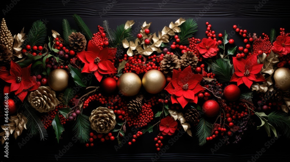 Christmas border adorned with lush fir branches, red and silver pine cones, and other exquisite decorations. The composition exudes the elegance of holiday decor. Christmas border adorned with lush fir branches, red and silver pine cones, and other exquisite decorations. The composition exudes the elegance of holiday decor.