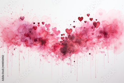 Lots of pink and burgundy watercolor hearts on a background of splashes, drops and stains of paint © Alesia
