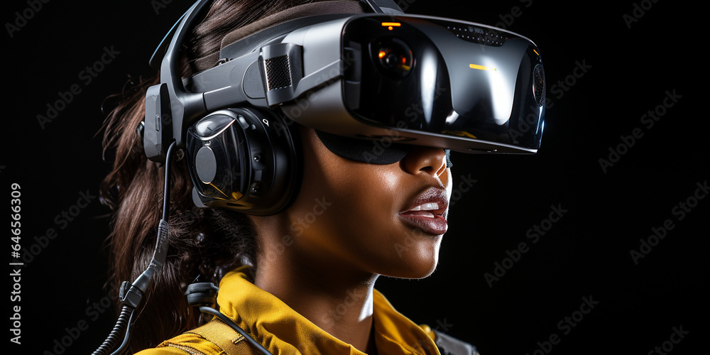 Paar mit modischer futuristischer Cyberspace Brille VR im seitlichen Profil Nahaufnahme im Querformat für Banner, ai generativ Paar mit modischer futuristischer Cyberspace Brille VR im seitlichen Profil Nahaufnahme im Querformat für Banner, ai generativ