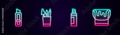 Set line Stationery knife, Pencil case stationery, Marker pen and Paint bucket. Glowing neon icon. Vector