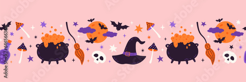 Hand drawn Halloween seamless pattern with hat, bats, witch cauldron, skull, poison. Cute vector holiday horizontal border. Great for textile, banners, wallpapers, wrapping.